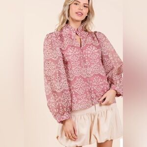 Lovelo Sage Floral Eyelet Long Sleeve Blouse